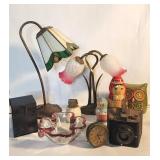 Vintage Brownie camera, lamps & dolls