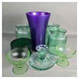 Group of colored glass, candleholder, bowls, vase