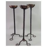 Three vintage hand forged twisted iron and