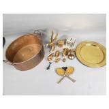 Group of brass figurines, a plate, a pot and a