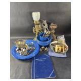 Box of misc. enamel ware, plates, mugs, brass