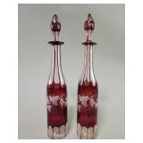 Pair of Bohemian ruby red stained glass decanters