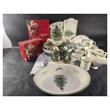 Group of Spode Christmas tree pattern mugs,