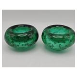 Pair of hand-blown green bubble art glass votive
