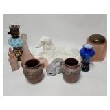Vintage items; pink glass, porcelain dog