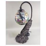 Tiffany style lamp with cast brass dragon fly base