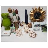 Various vintage items; seashells, carvings,