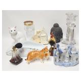 Misc vintage items; candlesticks, carving,