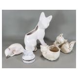Group of ceramic cat planters, figurines,