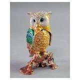 Enameled owl hinged trinket box adorned with