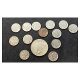 1925 Peace silver dollar, 9 Buffalo nickels, and