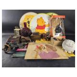 Box of misc. doll, animation cel, LP, desk clock,