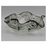 Textured clear art glass bowl with black ruffled