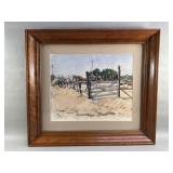 Signed watercolor on rag paper in vintage walnut