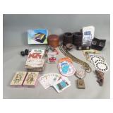 Box of miscellaneous playing cards, trinket box,