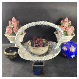 Signed ceramic basket, signed pott. bowl, brass