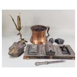 Asian spelter desk set & brass candlesticks