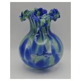 Hand-blown blue and green art glass vase with