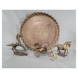 Brass horse figures, tricycle, round tray