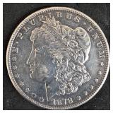 1878-S Morgan silver dollar coin.