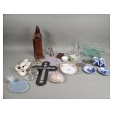 Box of glass cross, wood santo, ceramic salt and
