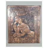 Signed J.R.E. copper and wood wall plaque