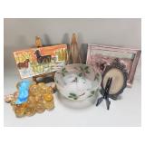 Frosted glass holly berry punch bowl set,