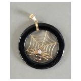 14k gold jade, diamond and ruby spider web pendant