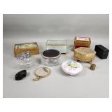Group of glass, brass, wood, and porcelain