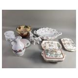 Group of porcelain and pottery bowls, trays,