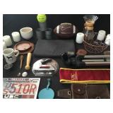 Camera tripod, specimens, decorative items