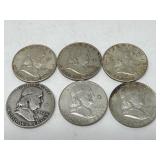 6 silver Franklin half-dollar coins