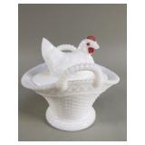 Vintage milk glass hen on nest covered bowl
