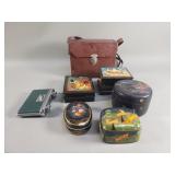 Group of trinket boxes, pocket binoculars, etc