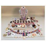 Group of costume jewelry, wood necklaces, beads,
