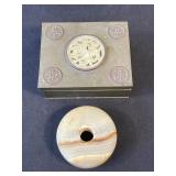 Asian metal trinket box with jade insert