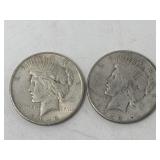 Pair of 1922-S silver peace dollar coins