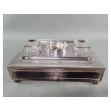 Antique silver plate and wood inkwell with glass