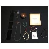 Vintage Tibetan figure and bowl, jade bracelet