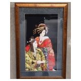 Framed Japanese Oshie art depicting geisha and