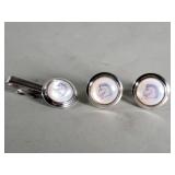 Mother of pearl cufflinks with matching tie clip
