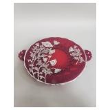 Ruby red glass handled tray with silver overlay