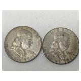 Pair of silver Franklin half-dollar coins