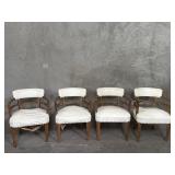 4 vintage wood arm chairs with white faux leather