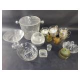 Group of glass compote, teacup, bowl, acrylic