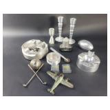 Group of vintage aluminum ashtray, candlesticks,
