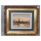 Antique T. Fichet signed watercolor landscape