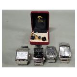 Four quartz watches, cufflinks and tie clip