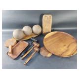 Group of vintage wood spheres, trays, mould, etc.