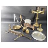 Box of brass, aluminum, pewter, and iron, candle